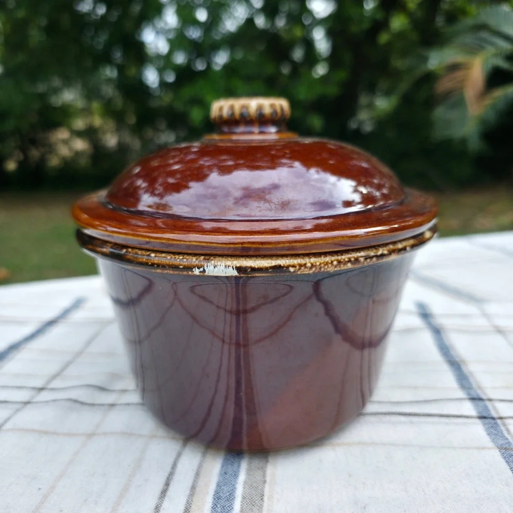 Hull Pottery Casserole Dish w/ Lid Oven Proof USA Mirror Brown Drip Oval 10 Inch